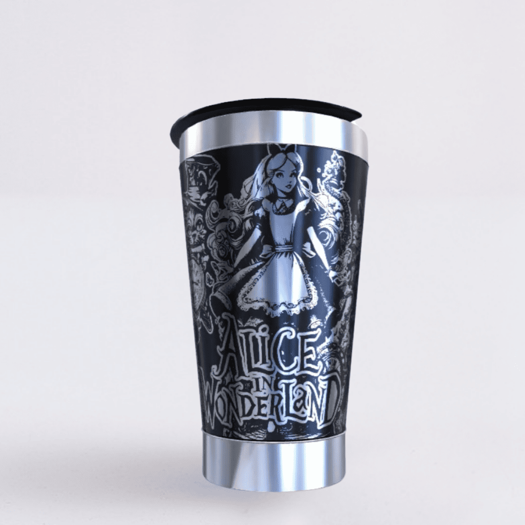 Alice País Das Maravilhas – Copo Térmico Preto Personalizado 360° a Laser + Brinde
