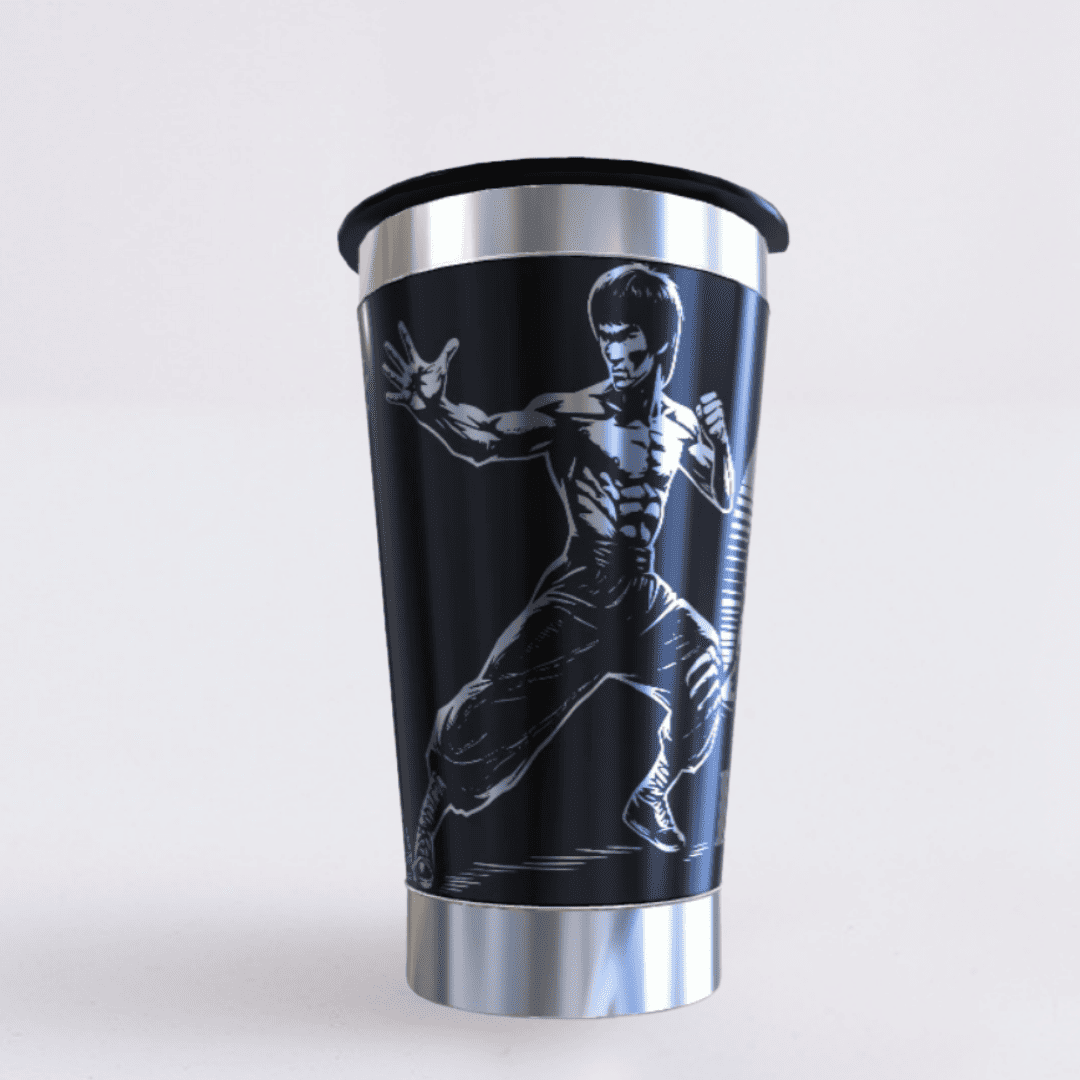 Bruce Lee – Copo Térmico Preto Personalizado 360° a Laser + Brinde