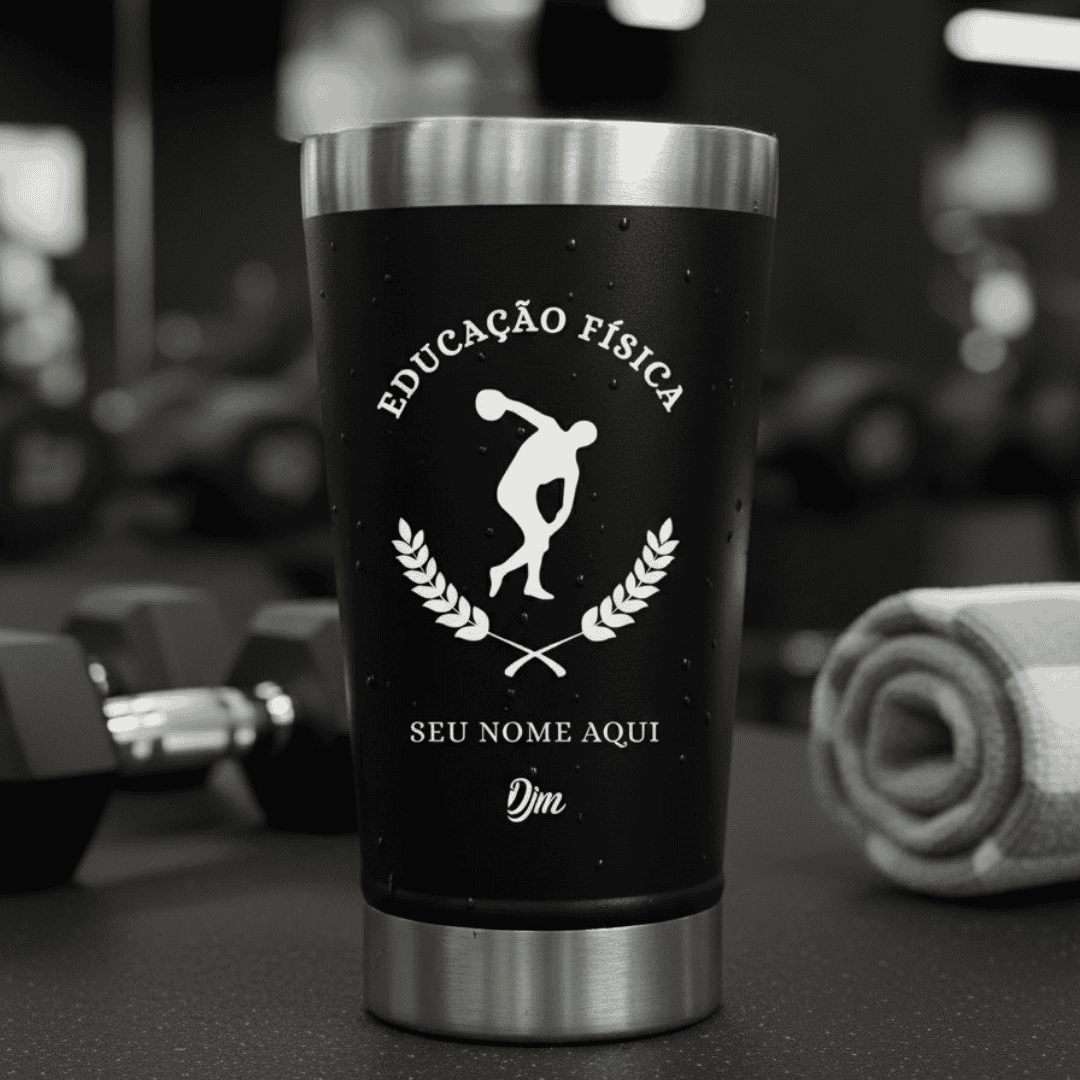 Educação Física – Copo Térmico Preto Personalizado | Seu Nome + Brinde