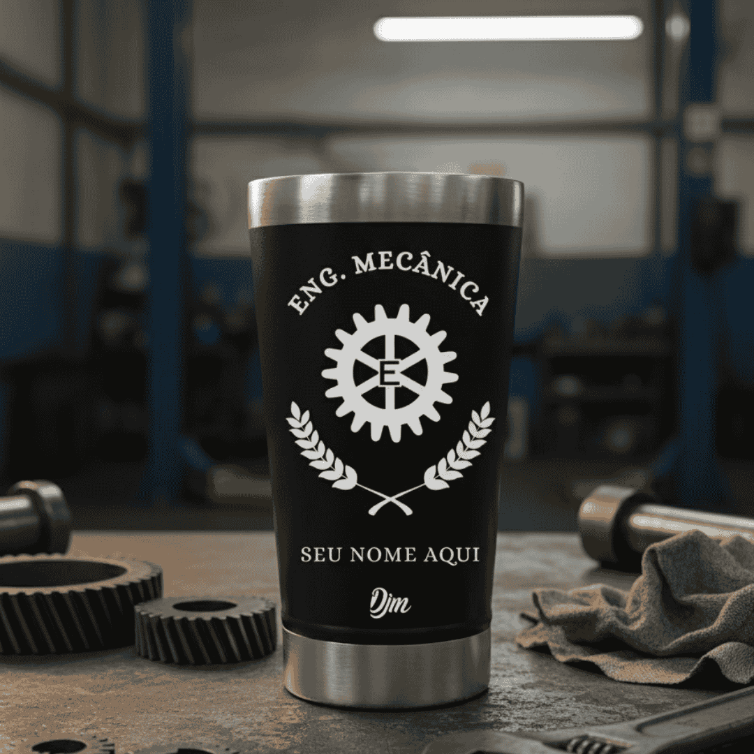 Engenharia Mecânica – Copo Térmico Preto Personalizado | Seu Nome + Brinde