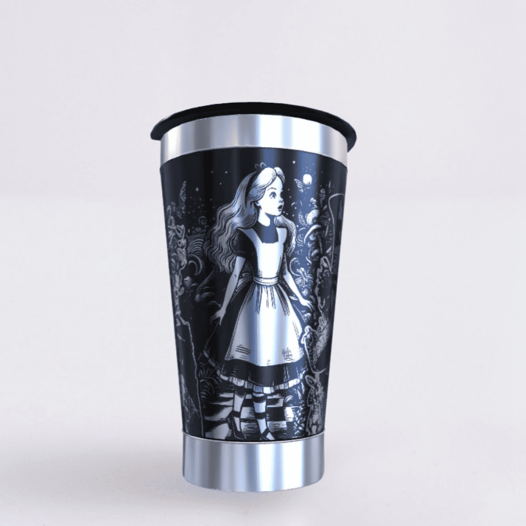 Alice País Das Maravilhas – Copo Térmico Preto Personalizado 360° a Laser + Brinde