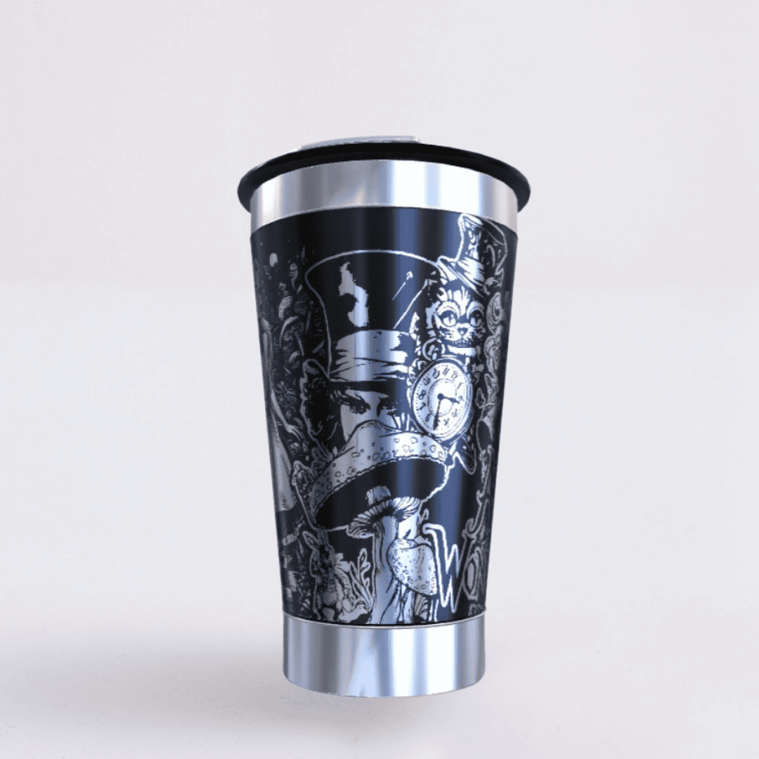 Alice País Das Maravilhas – Copo Térmico Preto Personalizado 360° a Laser + Brinde