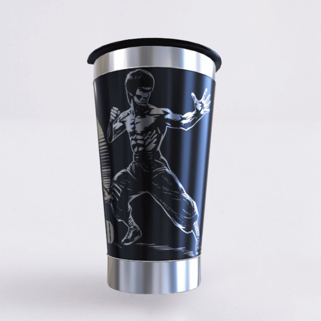 Bruce Lee – Copo Térmico Preto Personalizado 360° a Laser + Brinde