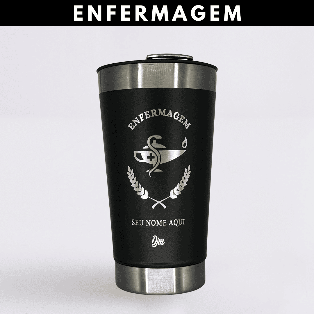 Enfermagem – Copo Térmico Preto Personalizado | Seu Nome + Brinde