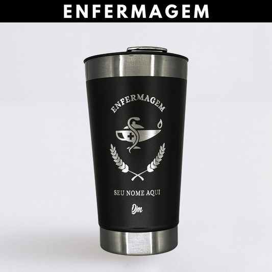 Enfermagem – Copo Térmico Preto Personalizado | Seu Nome + Brinde