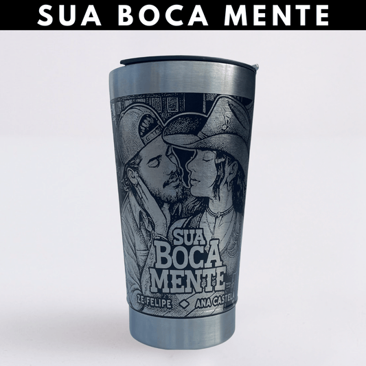 Sua Boca Mente – Copo Térmico Preto Personalizado 360° a Laser + Brinde