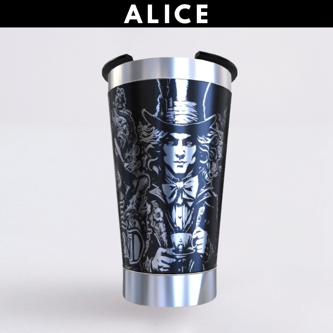 Alice País Das Maravilhas – Copo Térmico Preto Personalizado 360° a Laser + Brinde