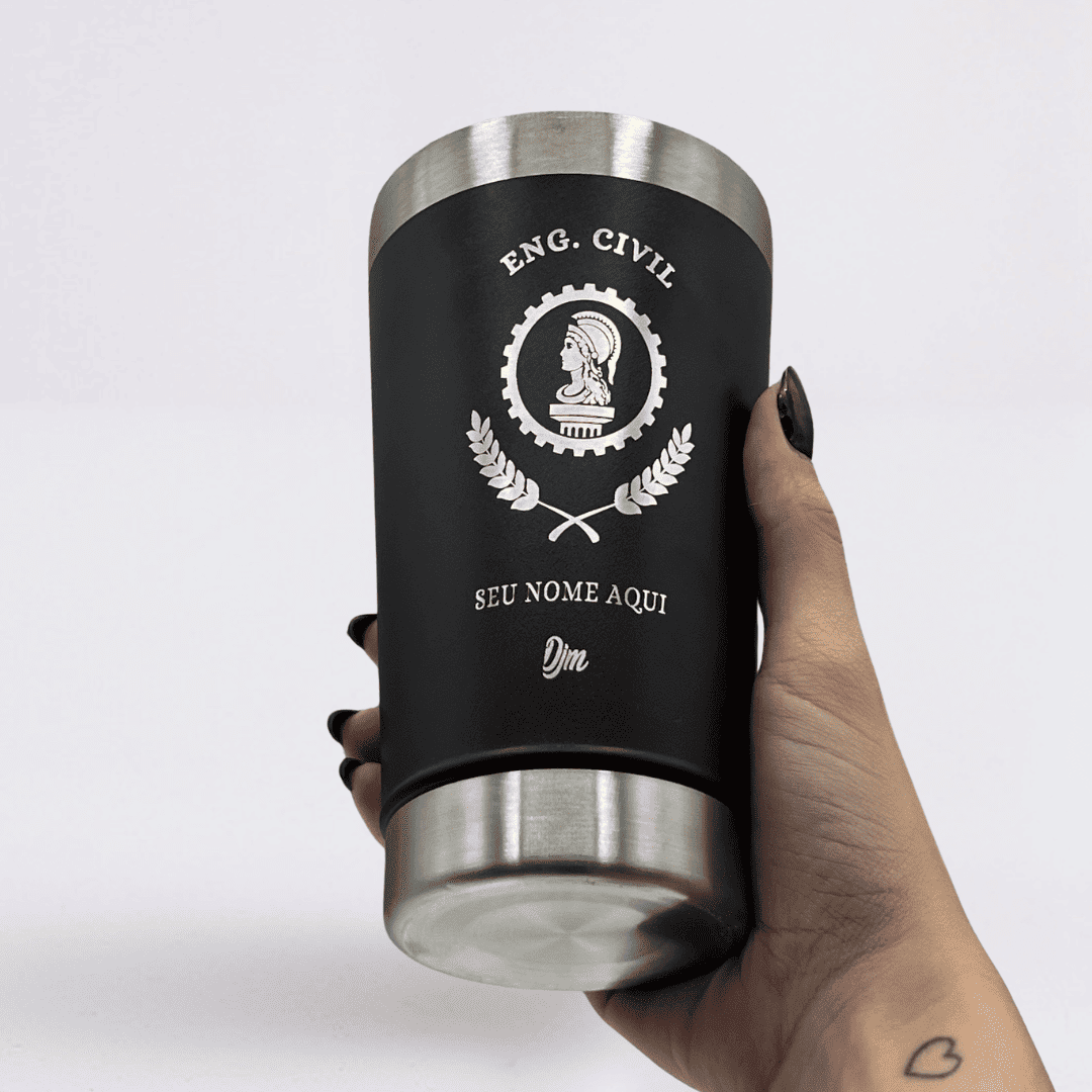Engenharia Civil – Copo Térmico Preto Personalizado | Seu Nome + Brinde