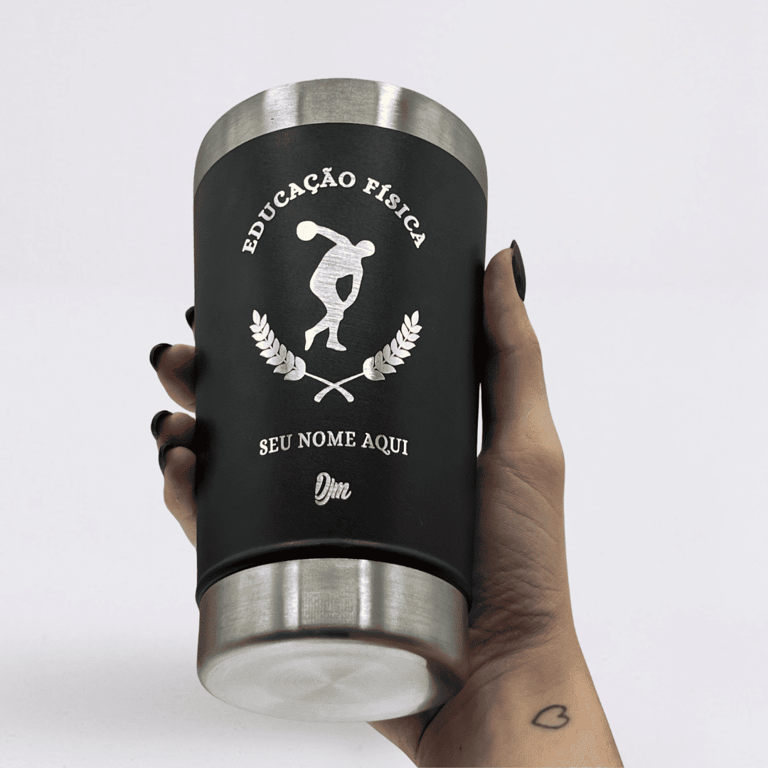 Educação Física – Copo Térmico Preto Personalizado | Seu Nome + Brinde