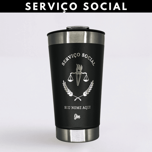 Serviço Social – Copo Térmico Preto Personalizado | Seu Nome + Brinde