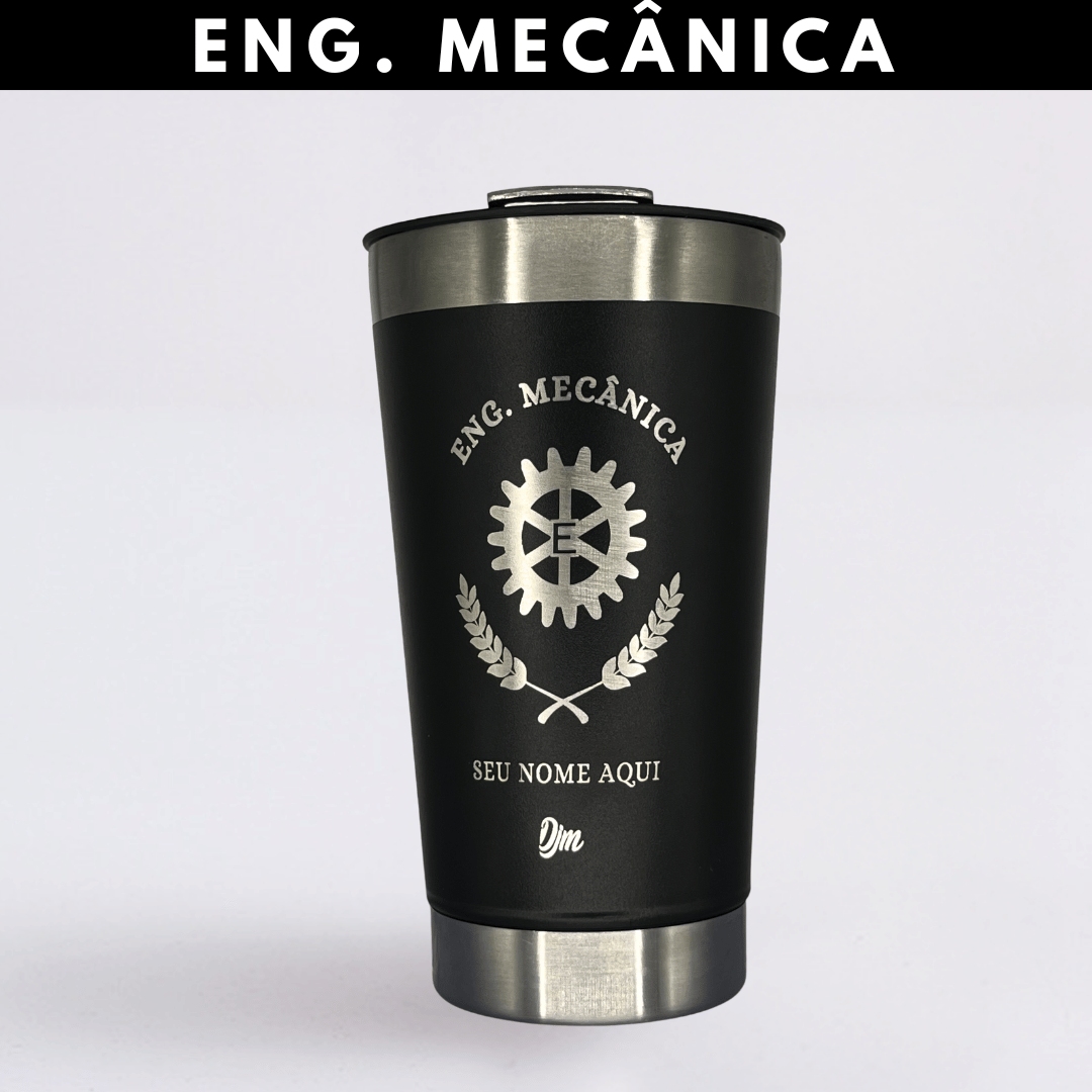 Engenharia Mecânica – Copo Térmico Preto Personalizado | Seu Nome + Brinde
