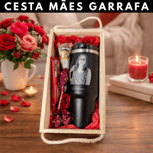 Cesta Mães | Garrafa Térmica 1,2L  (Foto e Nome) + Caixa e Chocolates | Frete Grátis