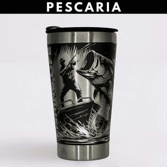 Pescaria – Copo Térmico Preto Personalizado 360° a Laser + Brinde