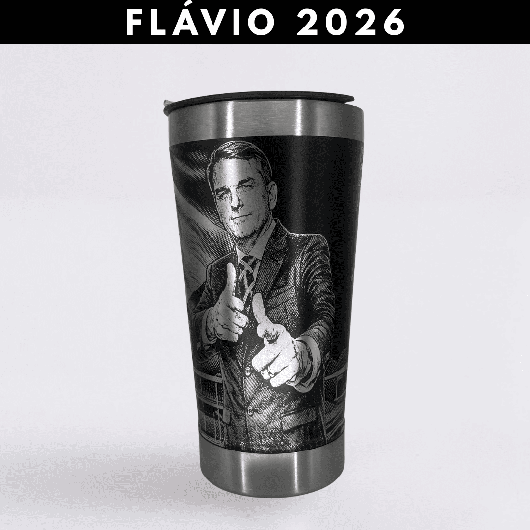 Flávio 2026  – Copo Térmico Preto Personalizado 360° a Laser + Brinde