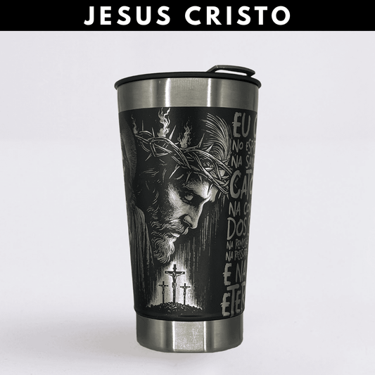 Jesus Cristo – Copo Térmico Preto Personalizado 360° a Laser + Brinde