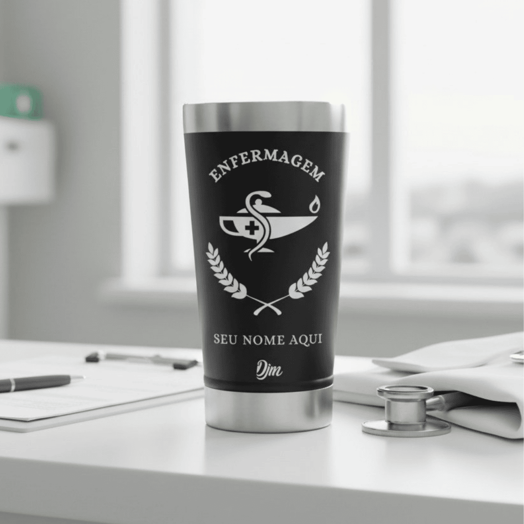 Enfermagem – Copo Térmico Preto Personalizado | Seu Nome + Brinde