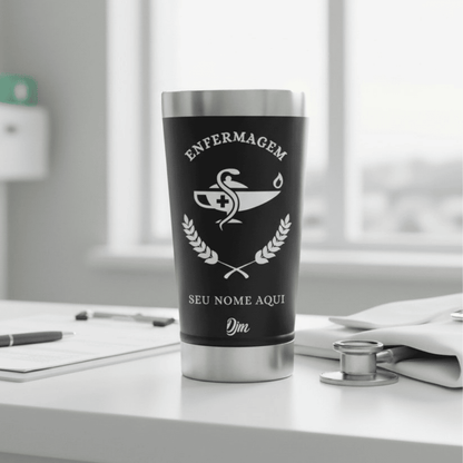 Enfermagem – Copo Térmico Preto Personalizado | Seu Nome + Brinde