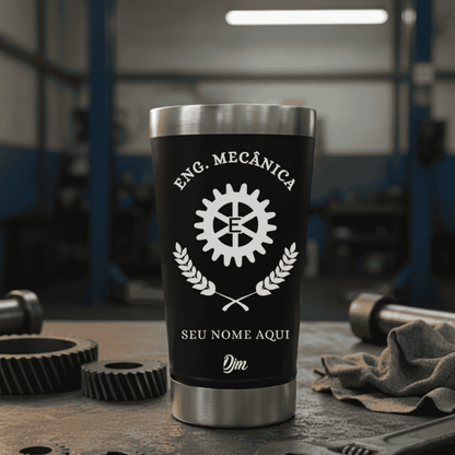 Engenharia Mecânica – Copo Térmico Preto Personalizado | Seu Nome + Brinde