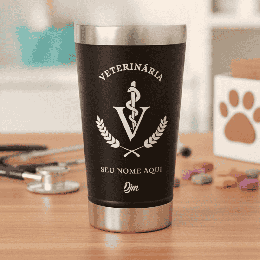 Veterinária – Copo Térmico Preto Personalizado | Seu Nome + Brinde